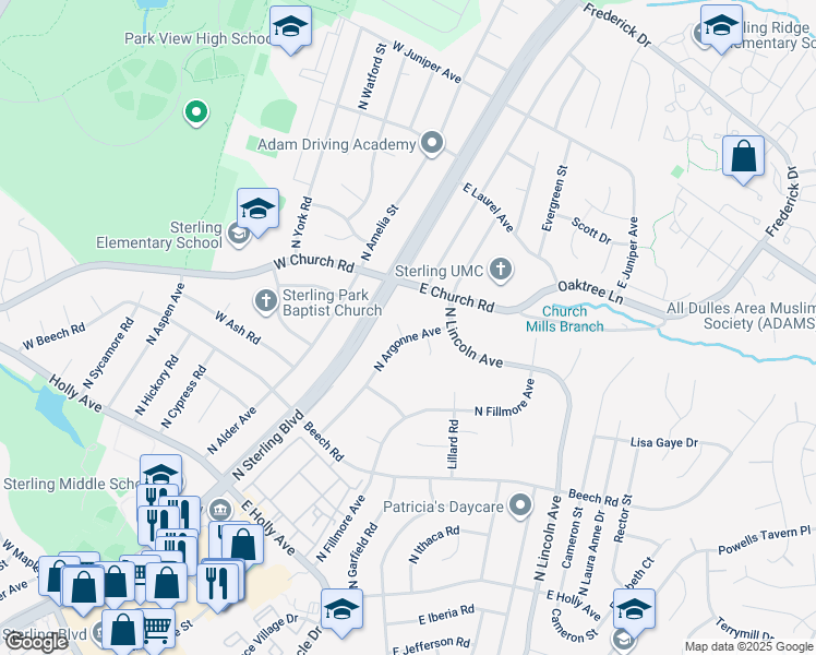 map of restaurants, bars, coffee shops, grocery stores, and more near 102 Sexton Court in Sterling