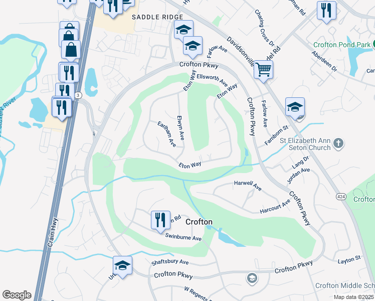 map of restaurants, bars, coffee shops, grocery stores, and more near 1506 Elwyn Avenue in Crofton