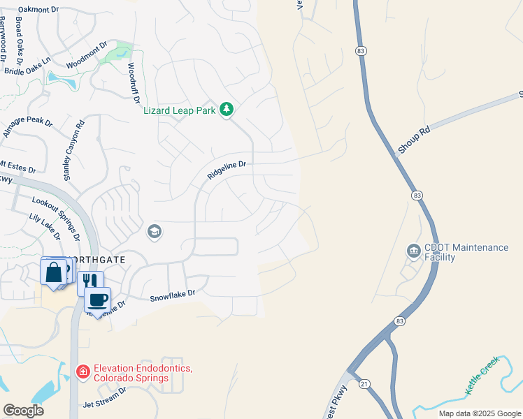 map of restaurants, bars, coffee shops, grocery stores, and more near 1977 Clayhouse Drive in Colorado Springs