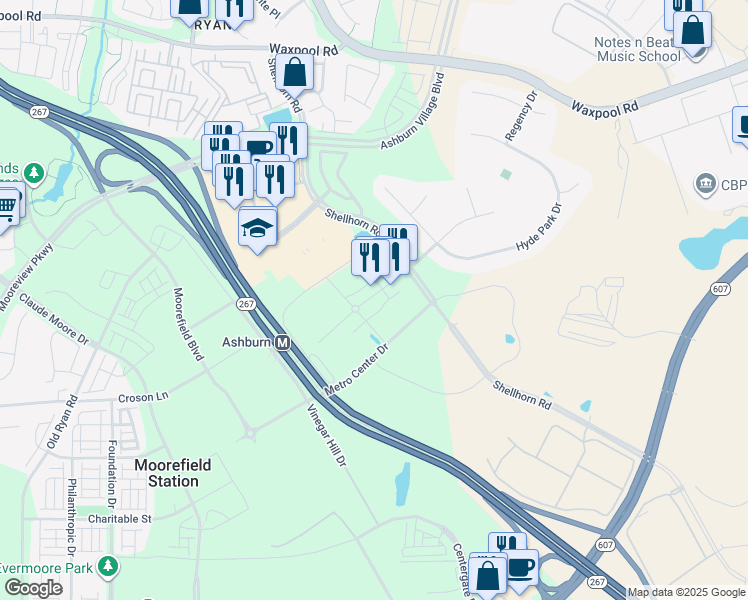 map of restaurants, bars, coffee shops, grocery stores, and more near 43777 Central Station Drive in Ashburn