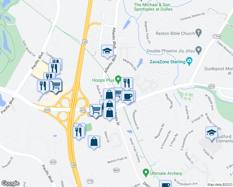 map of restaurants, bars, coffee shops, grocery stores, and more near 100 Ruritan Road in Sterling