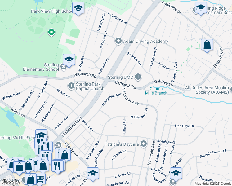 map of restaurants, bars, coffee shops, grocery stores, and more near 505 North Argonne Avenue in Sterling