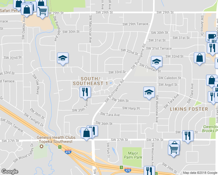 map of restaurants, bars, coffee shops, grocery stores, and more near 135 Southwest Pepper Tree Lane in Topeka