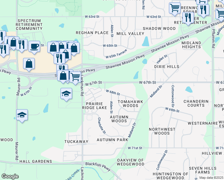 map of restaurants, bars, coffee shops, grocery stores, and more near 6801 Alden Street in Shawnee