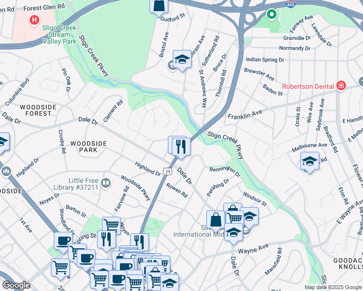 map of restaurants, bars, coffee shops, grocery stores, and more near 9218 Colesville Road in Silver Spring