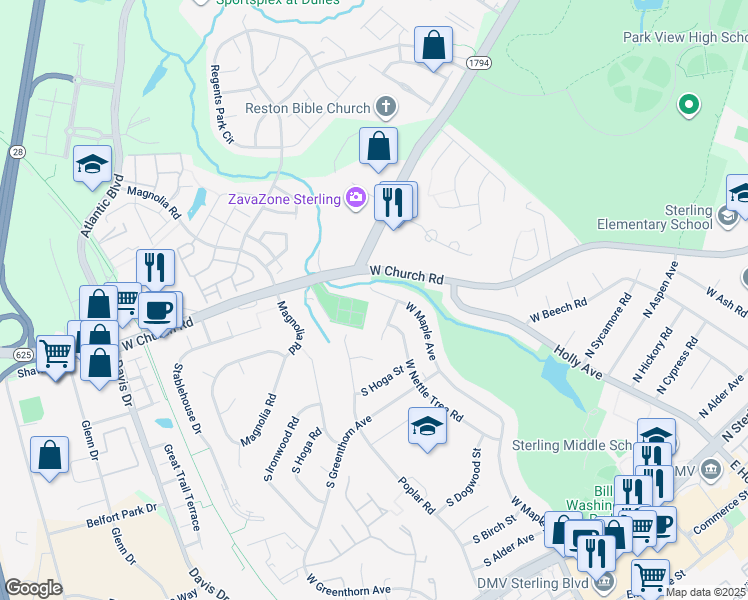 map of restaurants, bars, coffee shops, grocery stores, and more near 903 West Maple Avenue in Sterling