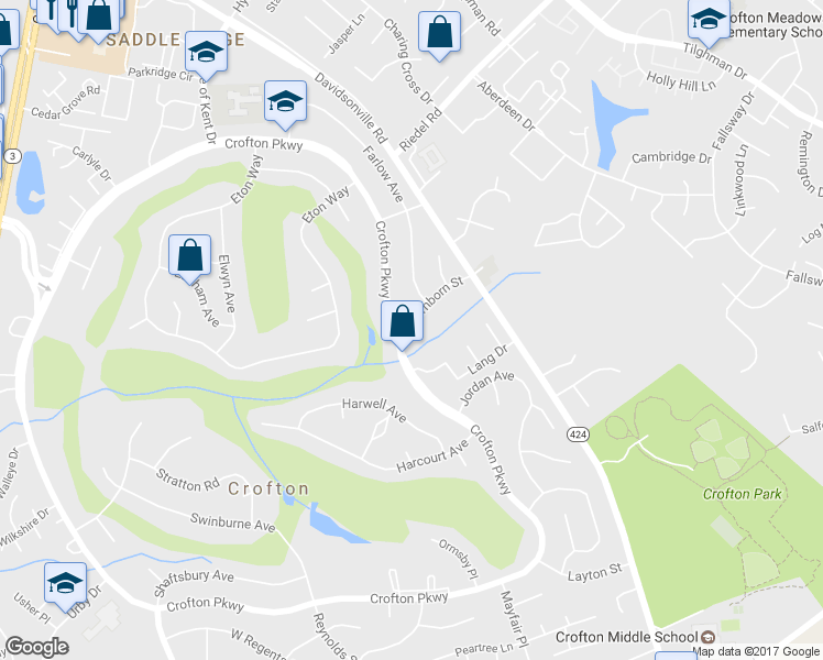 map of restaurants, bars, coffee shops, grocery stores, and more near 1602 Farnborn Street in Crofton