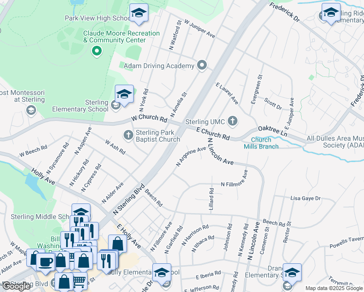 map of restaurants, bars, coffee shops, grocery stores, and more near 107 Sexton Court in Sterling