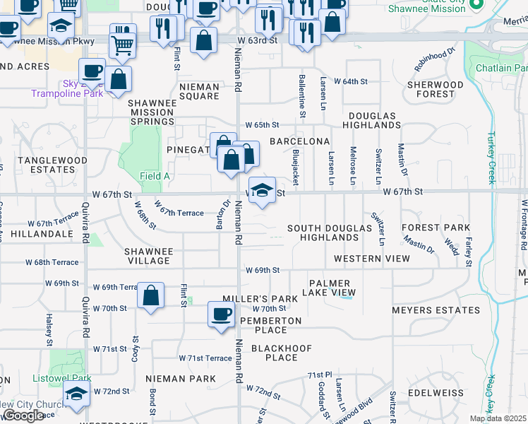 map of restaurants, bars, coffee shops, grocery stores, and more near 10917 West 67th Street in Shawnee