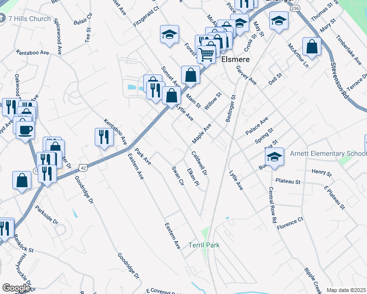 map of restaurants, bars, coffee shops, grocery stores, and more near 4411 Maple Avenue in Elsmere