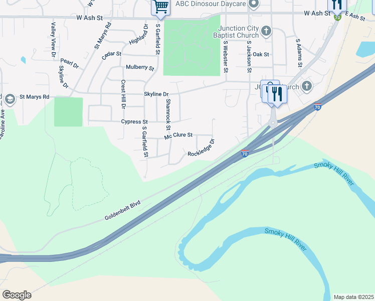 map of restaurants, bars, coffee shops, grocery stores, and more near 712 Rockledge Drive in Junction City