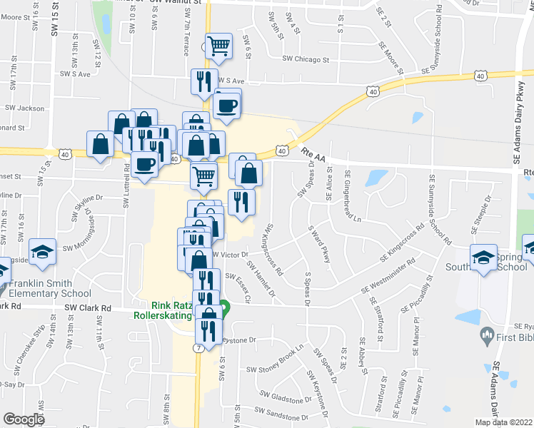 map of restaurants, bars, coffee shops, grocery stores, and more near 1019 Southwest Kingscross Road in Blue Springs