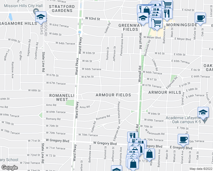 map of restaurants, bars, coffee shops, grocery stores, and more near West 67th Terrace in Kansas City
