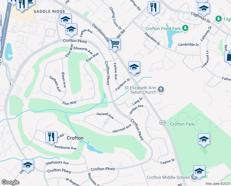 map of restaurants, bars, coffee shops, grocery stores, and more near 1602 Farnborn Street in Crofton