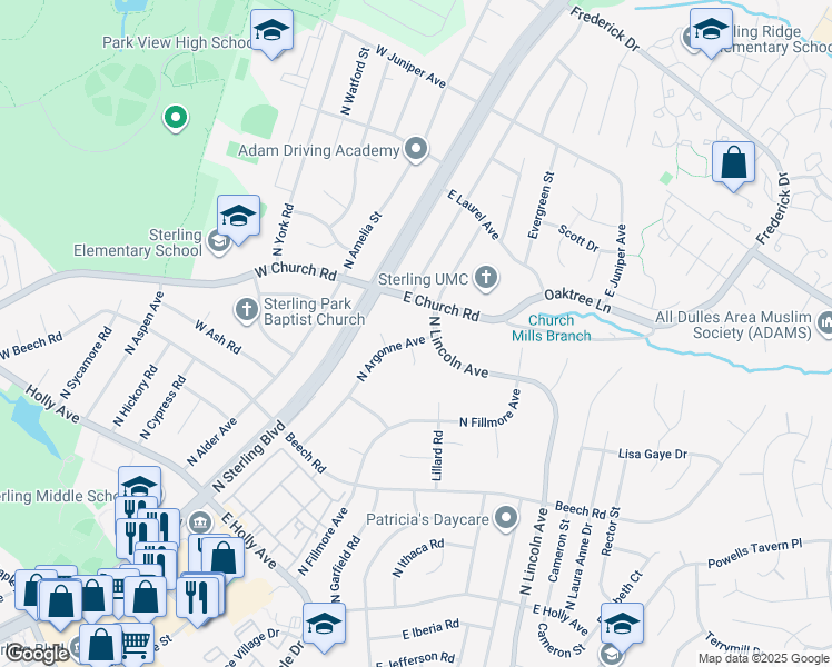 map of restaurants, bars, coffee shops, grocery stores, and more near 509 North Argonne Avenue in Sterling
