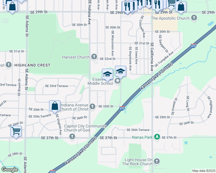 map of restaurants, bars, coffee shops, grocery stores, and more near 3400 Southeast Michigan Avenue in Topeka