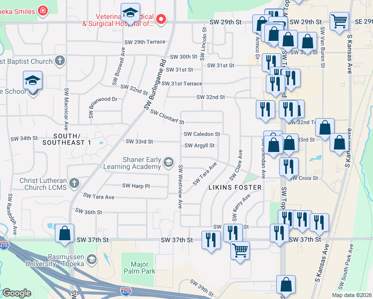 map of restaurants, bars, coffee shops, grocery stores, and more near 1407 Southwest Croix Street in Topeka