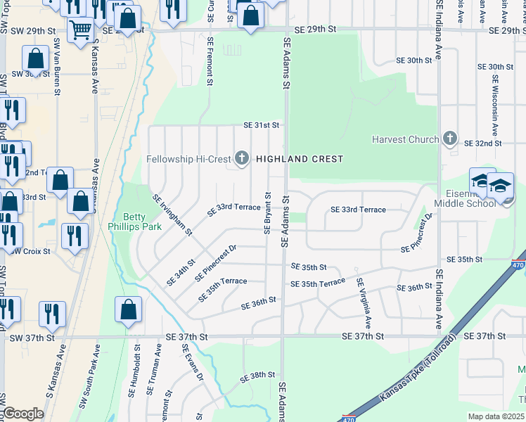 map of restaurants, bars, coffee shops, grocery stores, and more near 3329 Southeast Bryant Street in Topeka