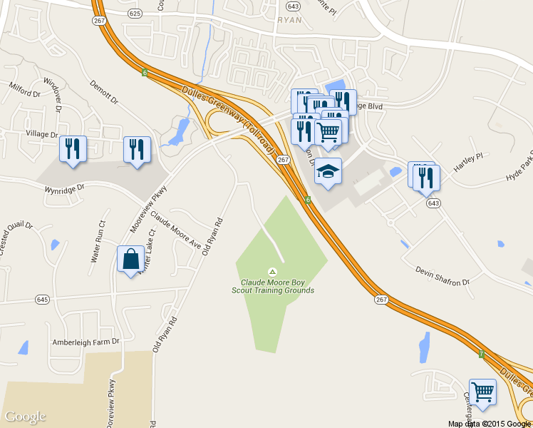 map of restaurants, bars, coffee shops, grocery stores, and more near 43095 Old Ryan Road in Ashburn