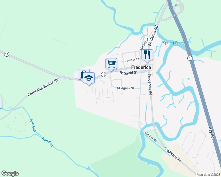 map of restaurants, bars, coffee shops, grocery stores, and more near 112 Jackson Street in Frederica