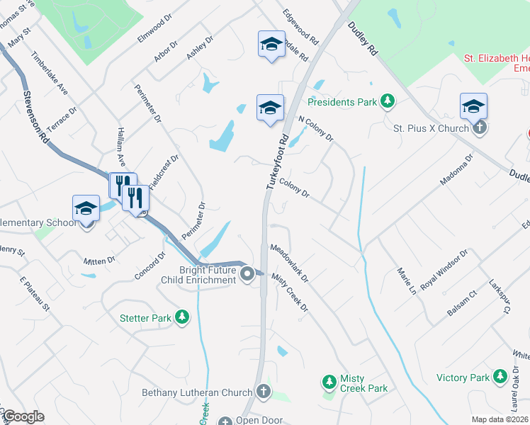 map of restaurants, bars, coffee shops, grocery stores, and more near 3340 Turkeyfoot Road in Edgewood