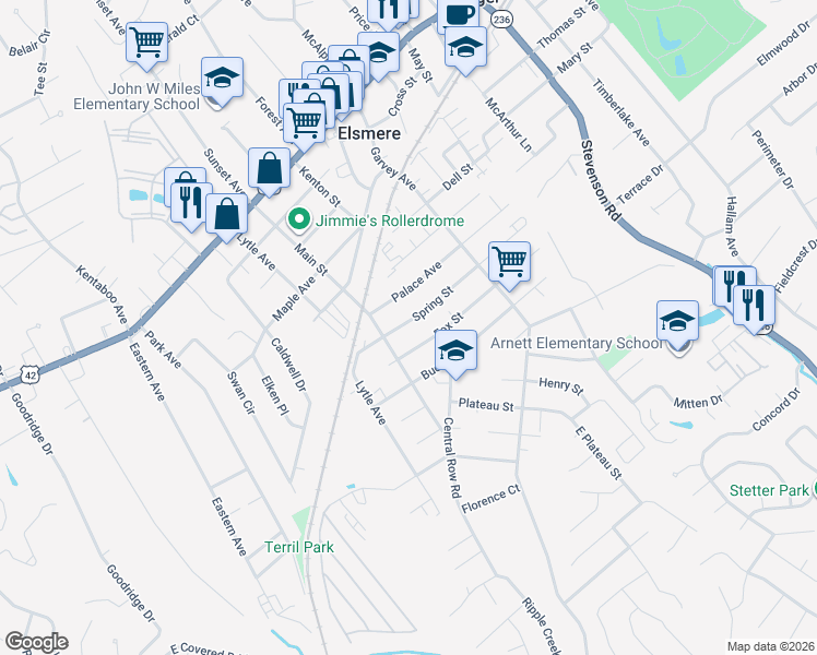 map of restaurants, bars, coffee shops, grocery stores, and more near 504 Fox Street in Elsmere