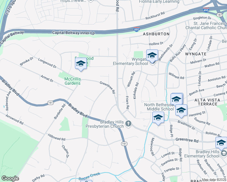 map of restaurants, bars, coffee shops, grocery stores, and more near Greentree Road in Bethesda