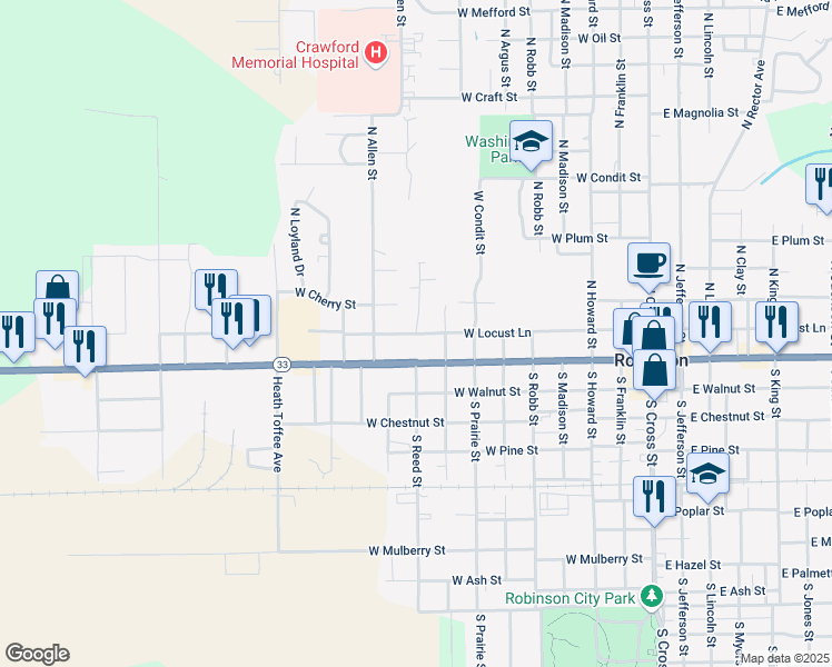map of restaurants, bars, coffee shops, grocery stores, and more near 200 North Reed Street in Robinson