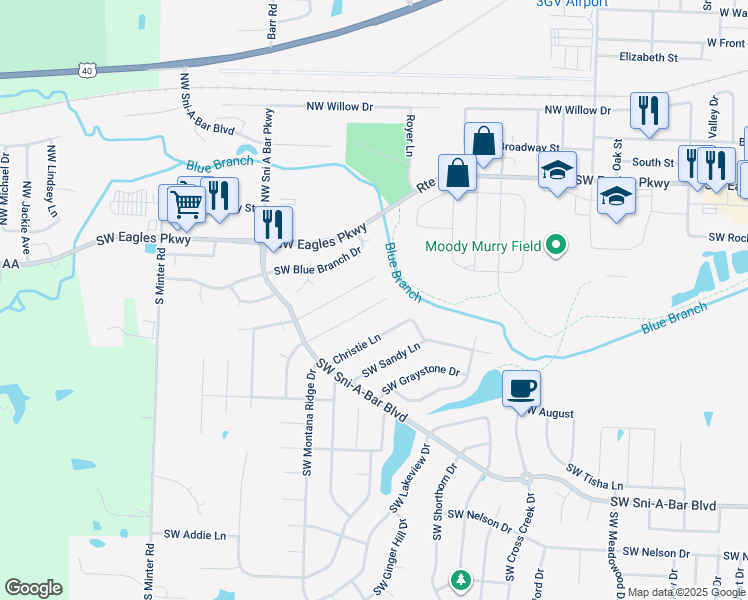 map of restaurants, bars, coffee shops, grocery stores, and more near 1042 Ephraim Drive in Grain Valley