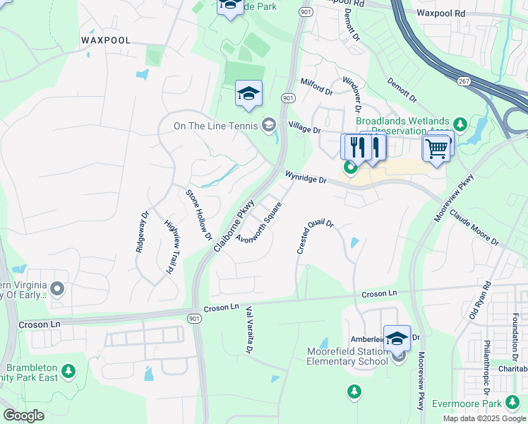map of restaurants, bars, coffee shops, grocery stores, and more near 43015 Coulwood Terrace in Broadlands