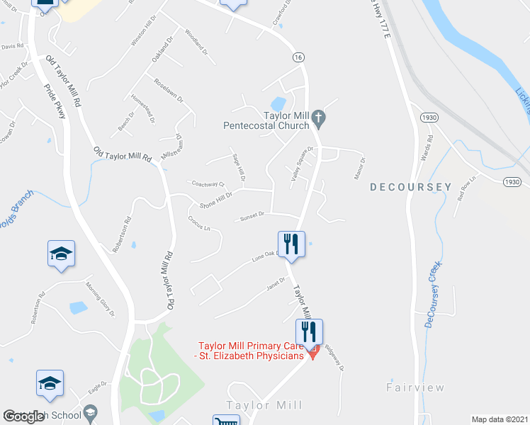 map of restaurants, bars, coffee shops, grocery stores, and more near 727 Sunset Drive in Taylor Mill
