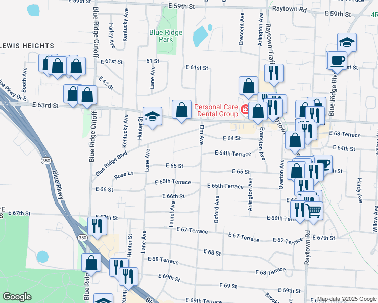 map of restaurants, bars, coffee shops, grocery stores, and more near 9108 East 65 Street in Raytown