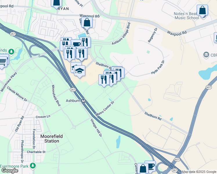 map of restaurants, bars, coffee shops, grocery stores, and more near 43768 Central Station Drive in Ashburn