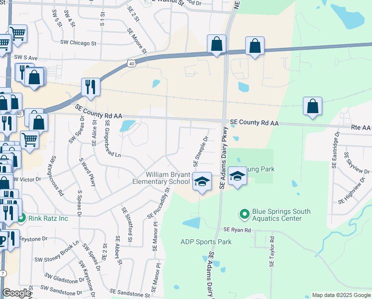 map of restaurants, bars, coffee shops, grocery stores, and more near 508 Southeast Chase Court in Blue Springs
