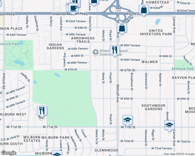 map of restaurants, bars, coffee shops, grocery stores, and more near 6741 Riley Street in Overland Park
