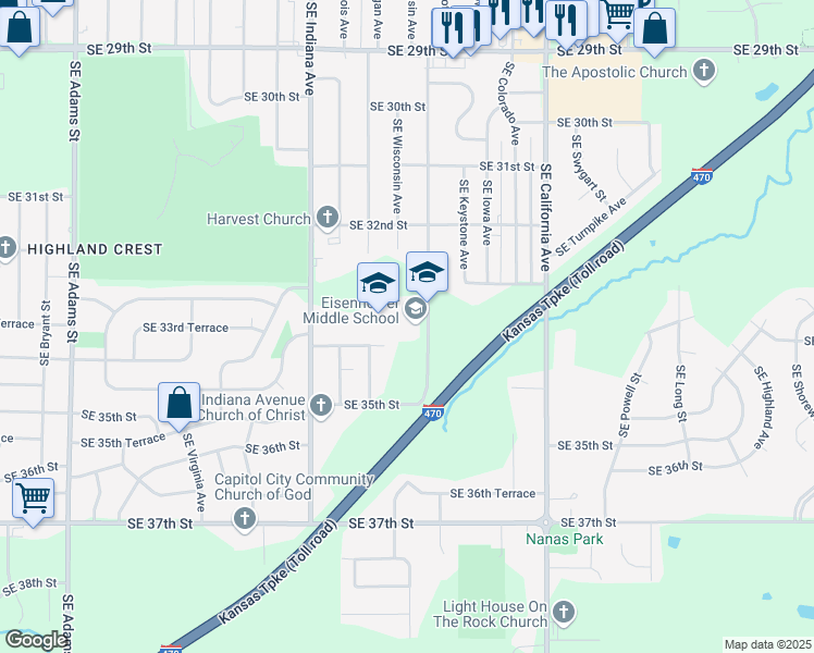map of restaurants, bars, coffee shops, grocery stores, and more near 3305 Southeast Minnesota Avenue in Topeka