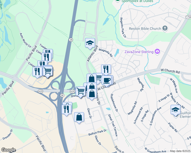 map of restaurants, bars, coffee shops, grocery stores, and more near in Sterling
