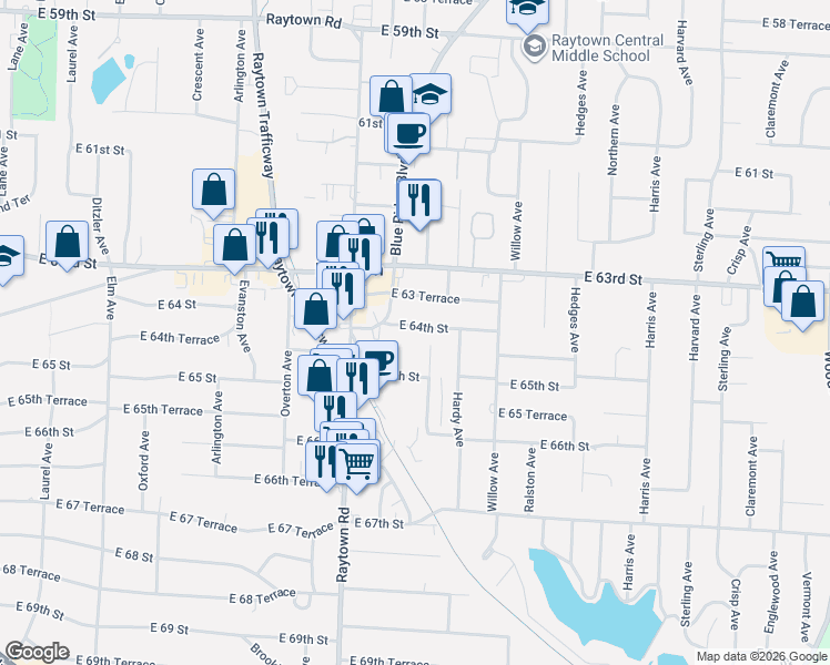 map of restaurants, bars, coffee shops, grocery stores, and more near 10205 East 64th Street in Raytown
