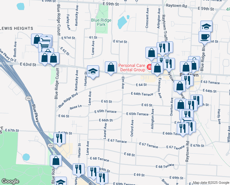 map of restaurants, bars, coffee shops, grocery stores, and more near 9108 East 65 Street in Raytown