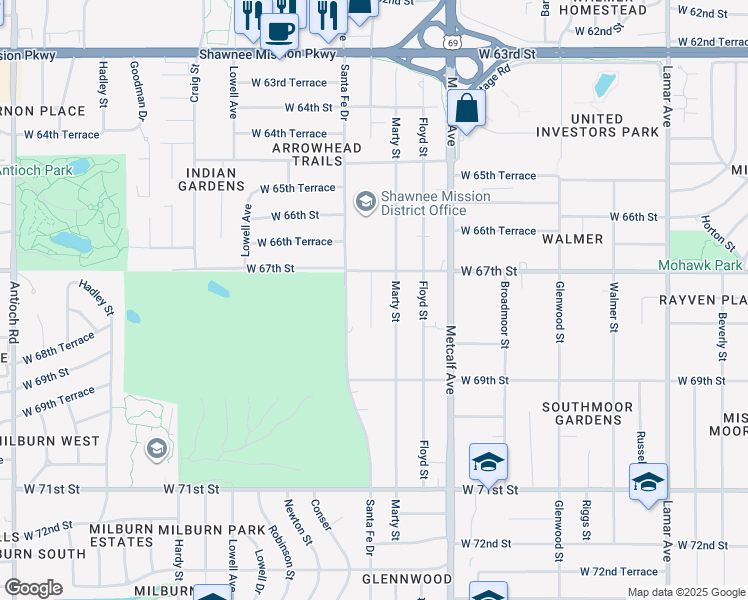 map of restaurants, bars, coffee shops, grocery stores, and more near 6741 Riley Street in Overland Park