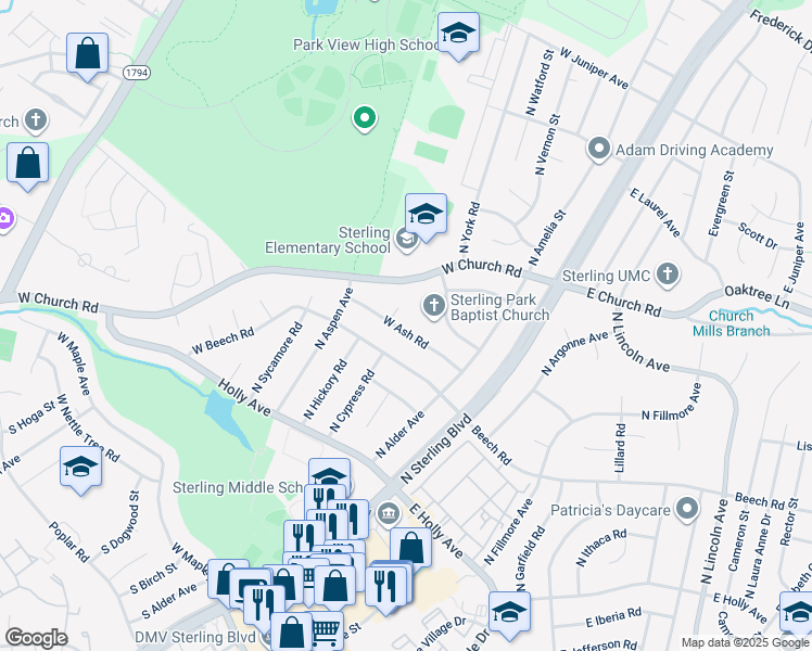 map of restaurants, bars, coffee shops, grocery stores, and more near 226 West Ash Road in Sterling