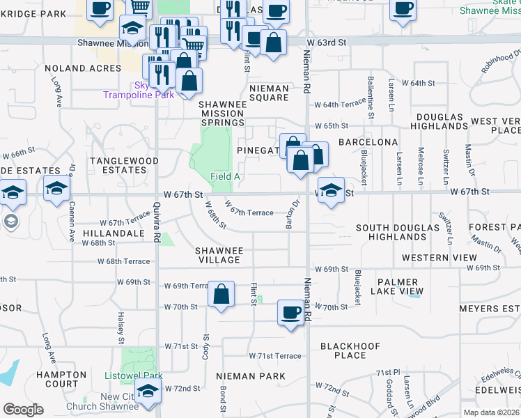 map of restaurants, bars, coffee shops, grocery stores, and more near 11310 West 68th Street in Shawnee