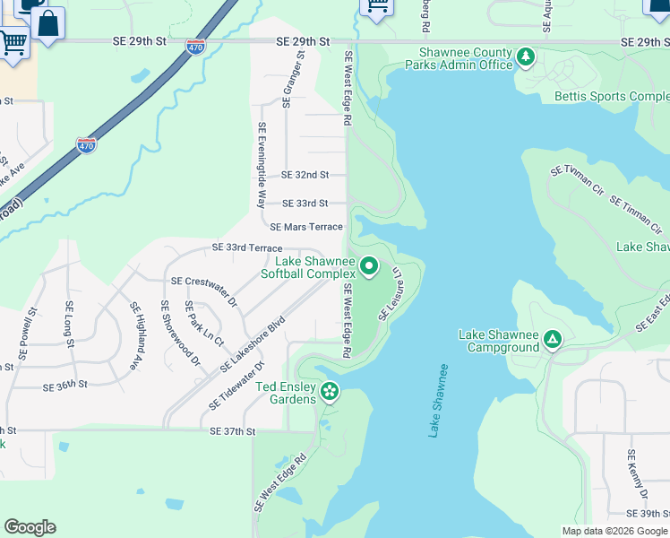 map of restaurants, bars, coffee shops, grocery stores, and more near 2798 Southeast Lakeshore Boulevard in Topeka