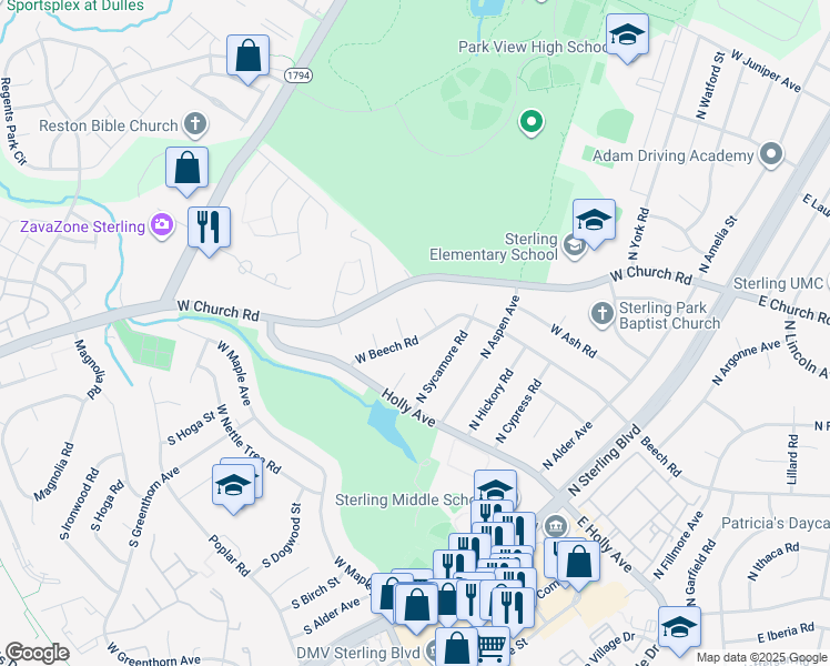 map of restaurants, bars, coffee shops, grocery stores, and more near 614 West Beech Road in Sterling