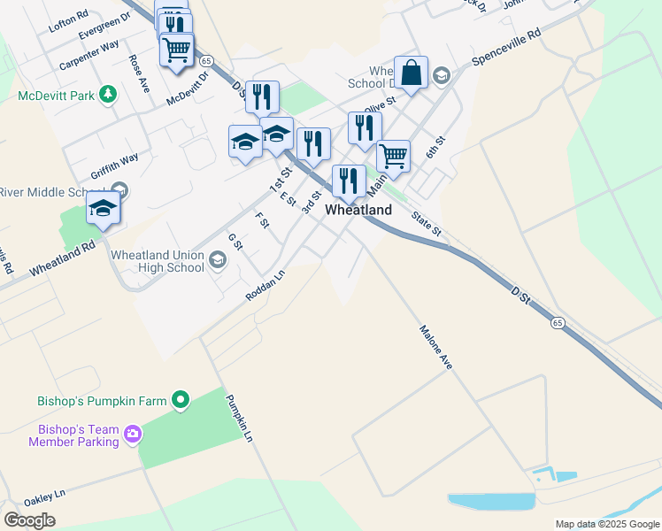 map of restaurants, bars, coffee shops, grocery stores, and more near 710 6th Street in Wheatland