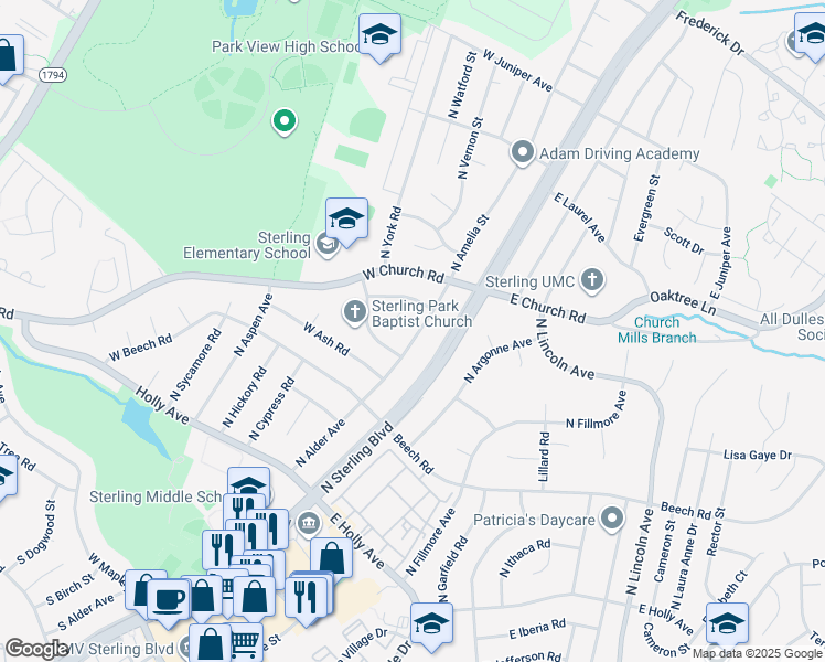 map of restaurants, bars, coffee shops, grocery stores, and more near 507 North Alder Avenue in Sterling