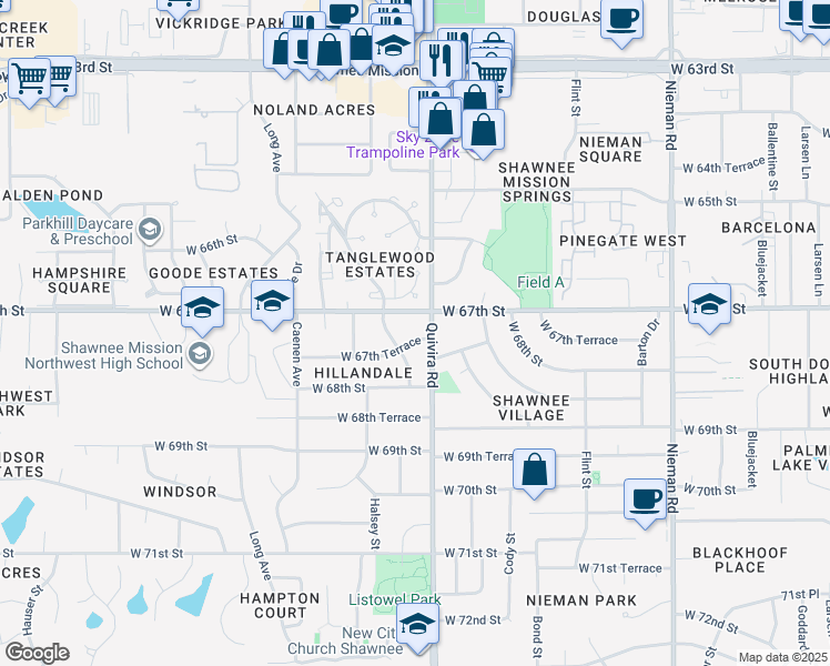 map of restaurants, bars, coffee shops, grocery stores, and more near 11929 West 66th Terrace in Shawnee