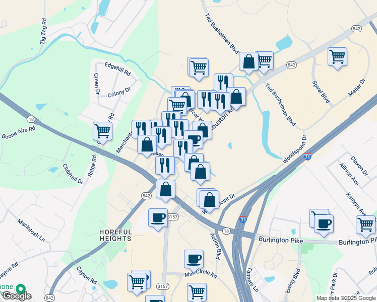 map of restaurants, bars, coffee shops, grocery stores, and more near Kentucky 842 in Florence