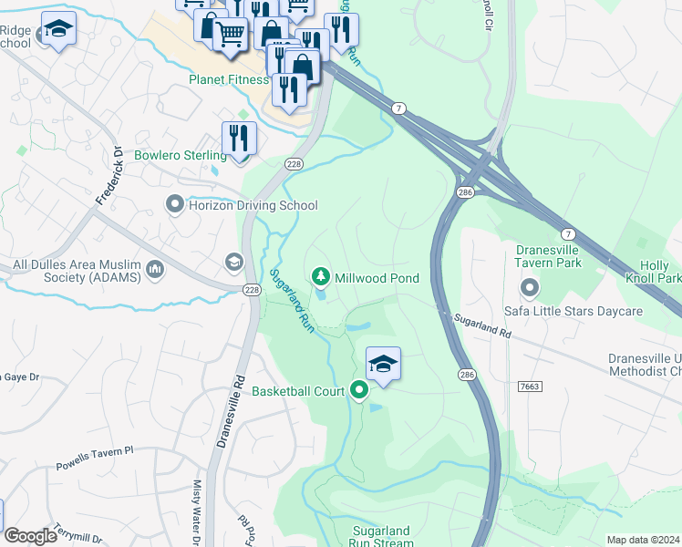 map of restaurants, bars, coffee shops, grocery stores, and more near 1159 Millwood Pond Drive in Herndon