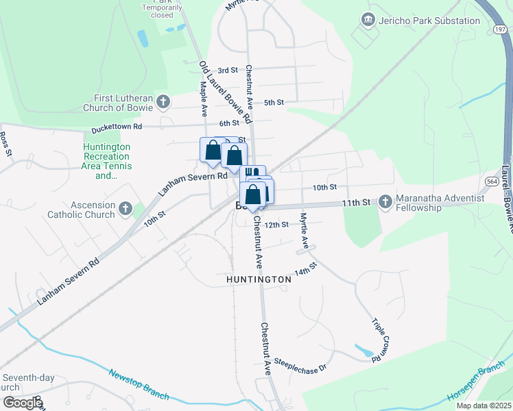 map of restaurants, bars, coffee shops, grocery stores, and more near 8614 Chestnut Avenue in Bowie
